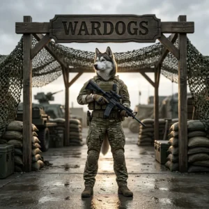 Anthropomorphic female Husky in game-themed clothing beneath a Wardogs boosting services sign