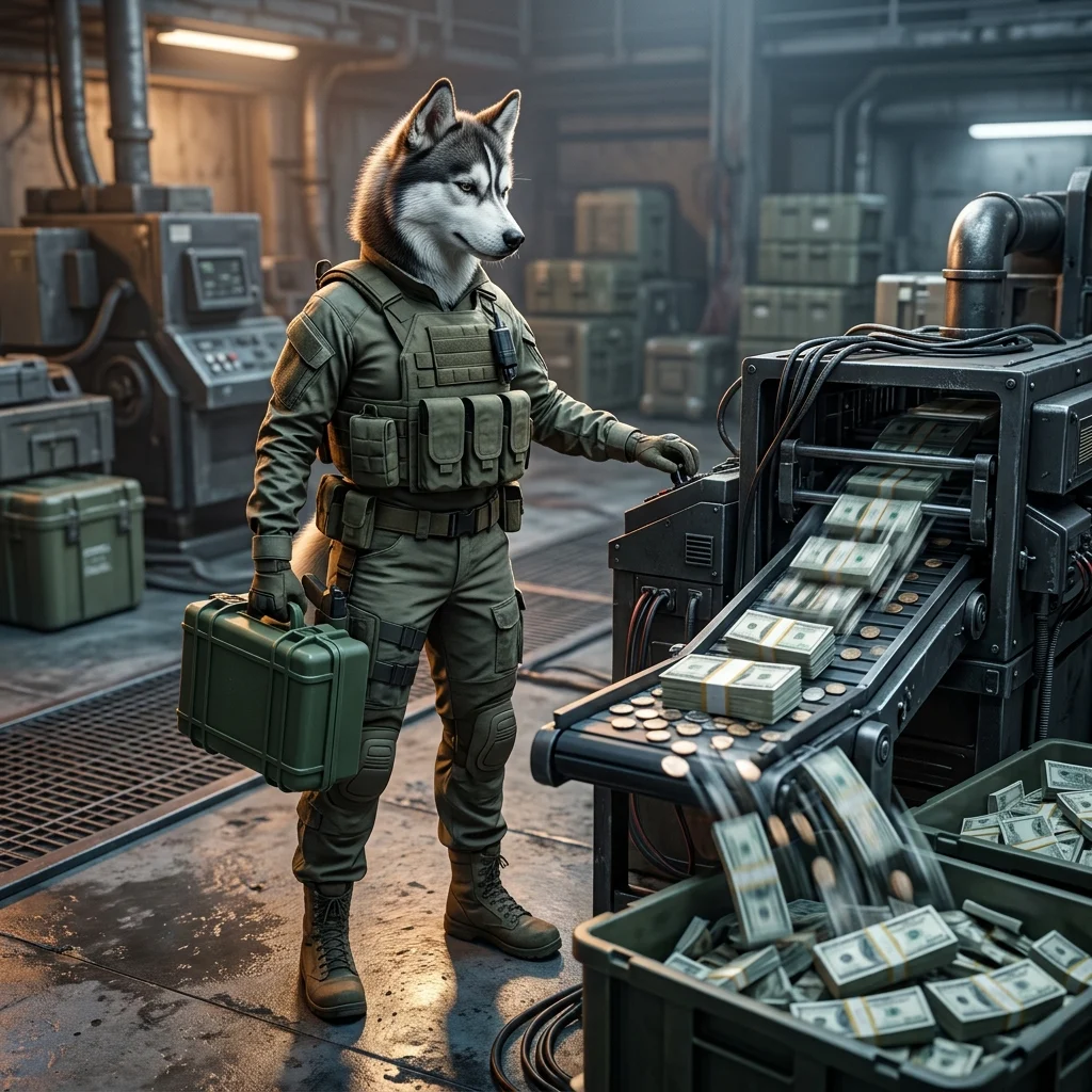 《Wardogs》现金农场加速主题的游戏视觉插图，表现资源积累和进程推进的概念，画面不含可读文字、标牌或品牌标识，整体以概括性的场景构图呈现相关内容。