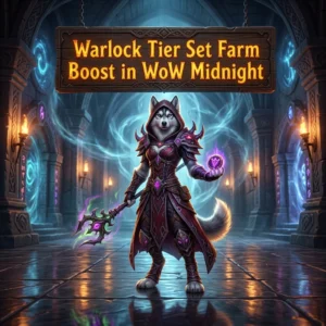Promotional image for the Warlock Tier Set Farm Boost service in WoW Midnight
