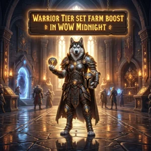 Promotional image for the Warrior Tier Set Farm Boost in WoW Midnight service