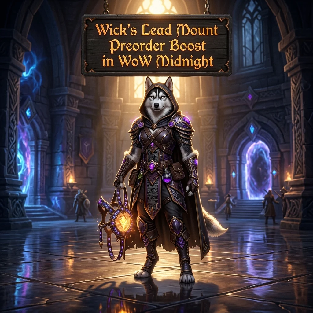 Promotional image for Wick’s Lead Mount Preorder Boost in WoW Midnight, representing the preorder boost service for the lead mount.