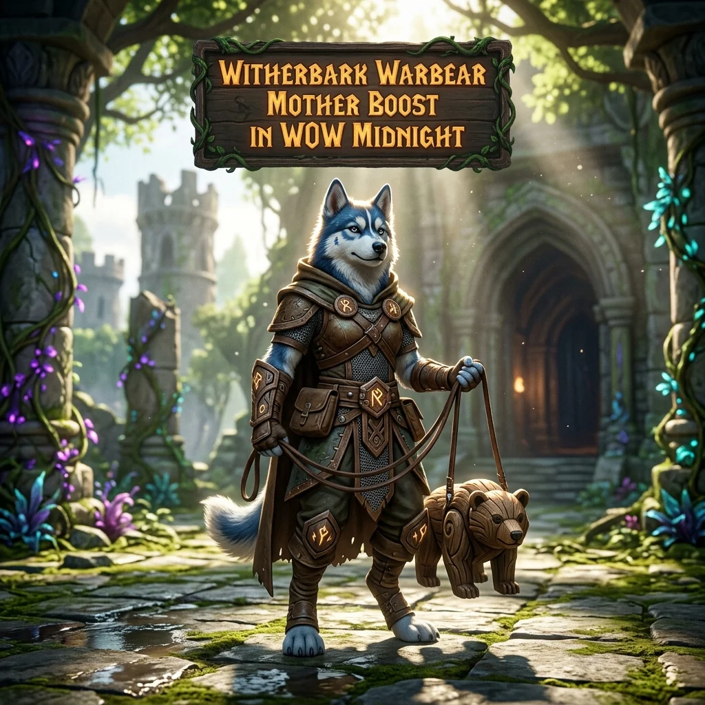 Promotional image for the Witherbark Warbear Mother Boost service in WoW Midnight.