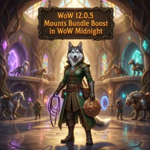 Promotional image for the WoW 12.0.5 Mounts Bundle Boost service in WoW Midnight, focused on the mounts bundle.