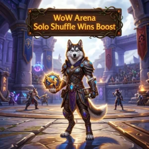 Promotional image for the WoW Arena Solo Shuffle Wins Boost service, focused on wins in World of Warcraft Solo Shuffle Arena.