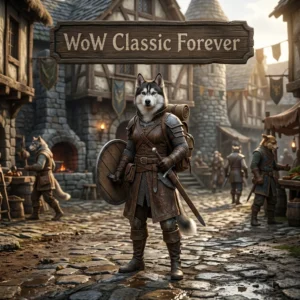 Square promotional artwork with an upright Husky character, a WoW Classic-themed setting, and a top sign for boosting services.