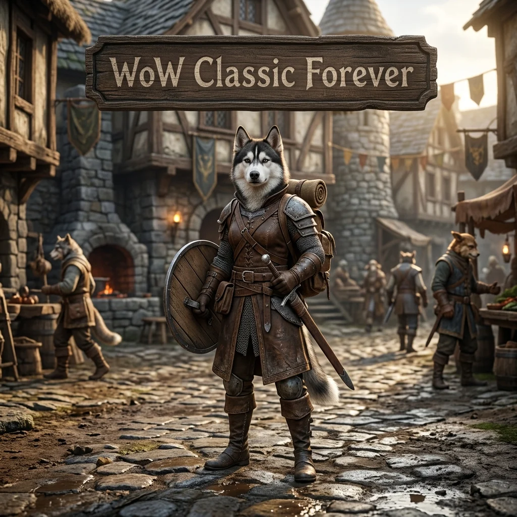 Square promotional artwork with an upright Husky character, a WoW Classic-themed setting, and a top sign for boosting services.