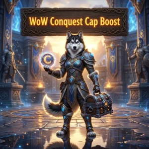 Promotional image for the WoW Conquest Cap Boost service, focused on increasing Conquest cap progress in World of Warcraft.