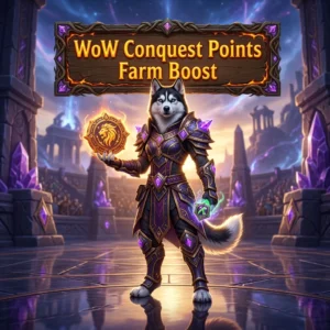 Promotional image for the WoW Conquest Points Farm Boost service, focused on farming Conquest Points in WoW.