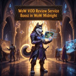 Promotional image for the WoW VOD Review Service Boost in WoW Midnight, focused on reviewing World of Warcraft gameplay VODs.