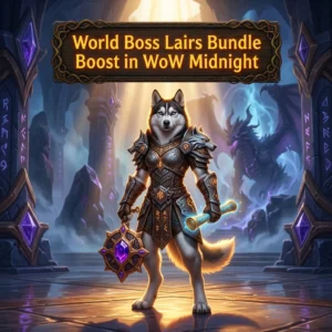 Promotional image for the World Boss Lairs Bundle Boost service in WoW Midnight