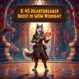 Promotional image for the X-45 Heartbreaker Boost service in WoW Midnight.