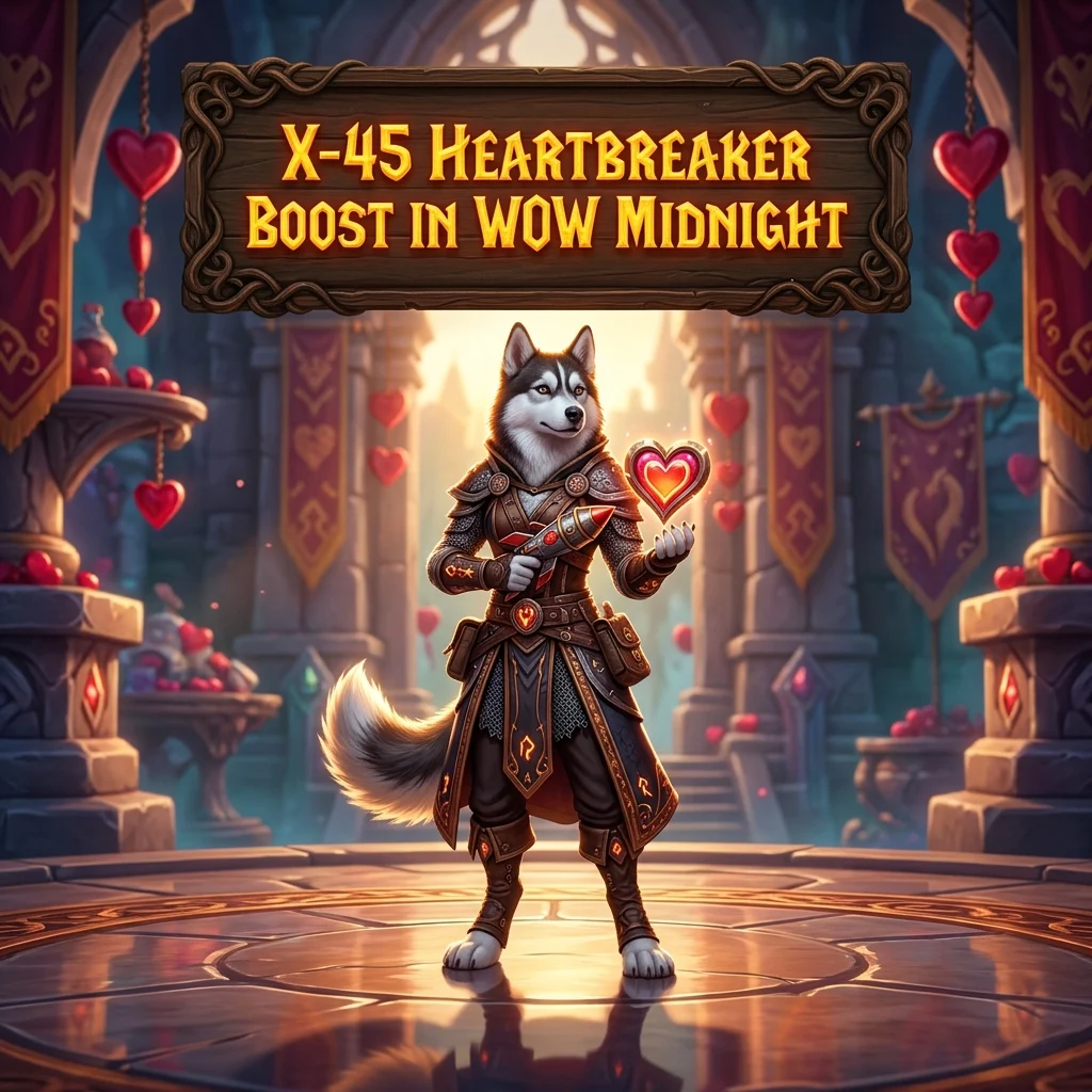 Promotional image for the X-45 Heartbreaker Boost service in WoW Midnight.