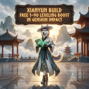 Promotional image for the Xianyun Build Free 1–90 Leveling Boost service in Genshin Impact