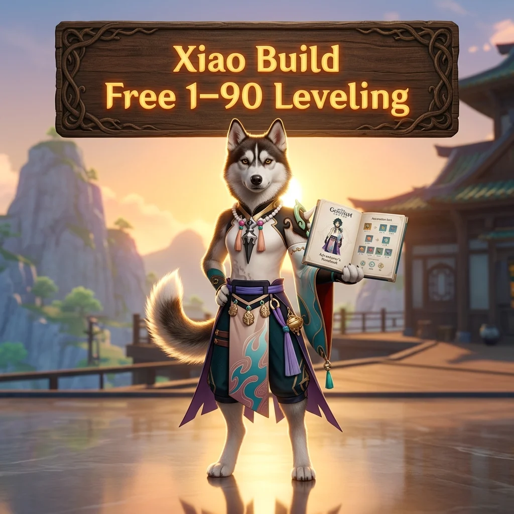 Promotional image for the Xiao Build Free 1–90 Leveling Boost service in Genshin Impact