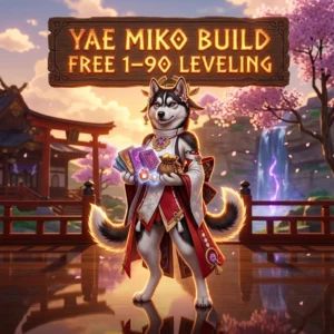 Promotional image for the Yae Miko Build Free 1–90 Leveling Boost in Genshin Impact service.