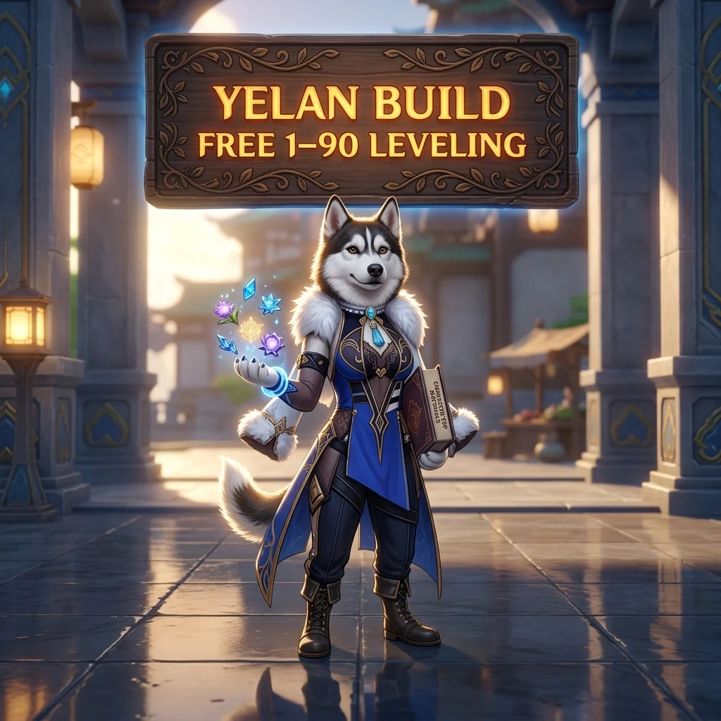 Promotional image for the Yelan Build Free 1–90 Leveling Boost service in Genshin Impact.