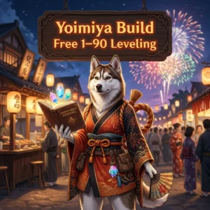 Promotional image for the Yoimiya Build Free 1–90 Leveling Boost service in Genshin Impact.