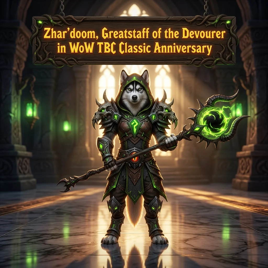 Promotional image for Zhar’doom, Greatstaff of the Devourer Boost in WoW TBC Classic Anniversary, focused on the specific World of Warcraft TBC Classic service.
