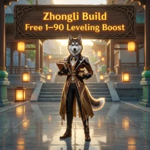 Promotional image for the Zhongli Build Free 1–90 Leveling Boost in Genshin Impact service.