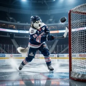 יצירת אמנות בנושא הבקעת שערים ב-NHL 26, באווירת משחק הוקי קרח וללא טקסט קריא או שלטים