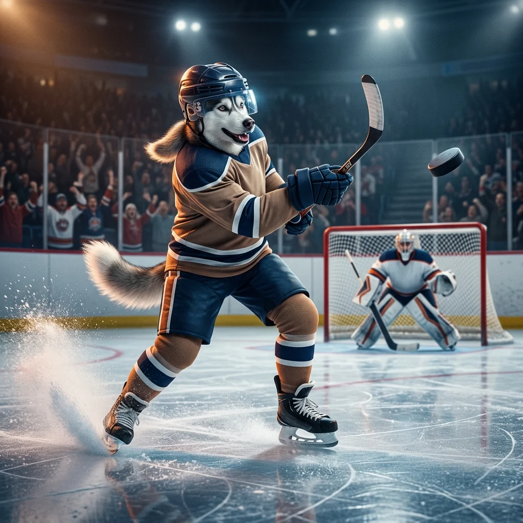 مشهد عام من لعبة هوكي الجليد NHL 26 يُظهر لاعبًا على الجليد أثناء أجواء اللعب الهجومي