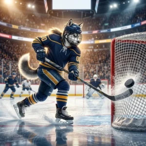 ภาพประกอบเกี่ยวกับการทำประตูในเกม NHL 26 สื่อถึงบรรยากาศการแข่งขันฮอกกี้น้ำแข็ง โดยไม่มีข้อความหรือป้ายที่อ่านได้