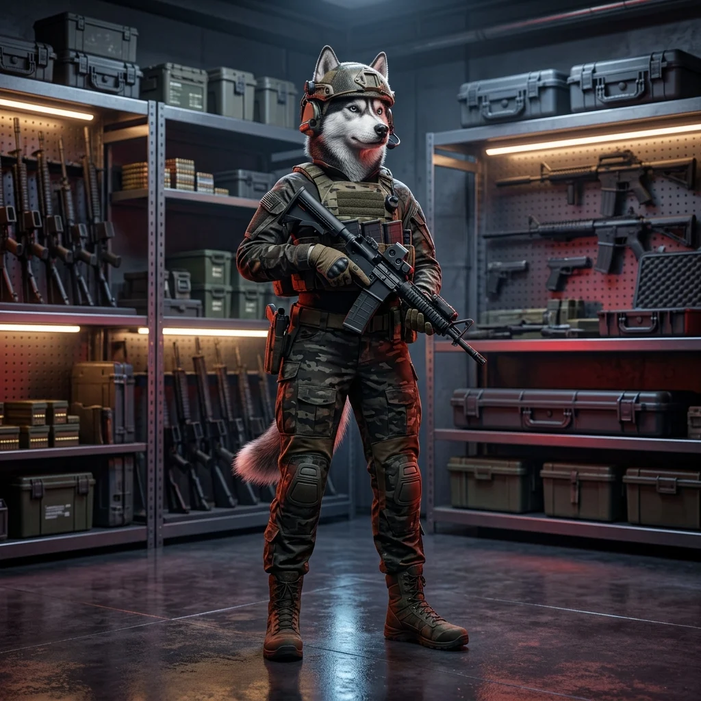 Ilustração de armas iniciais classificadas para uma experiência de combate em WARDOGS, sem texto legível ou sinais visíveis.