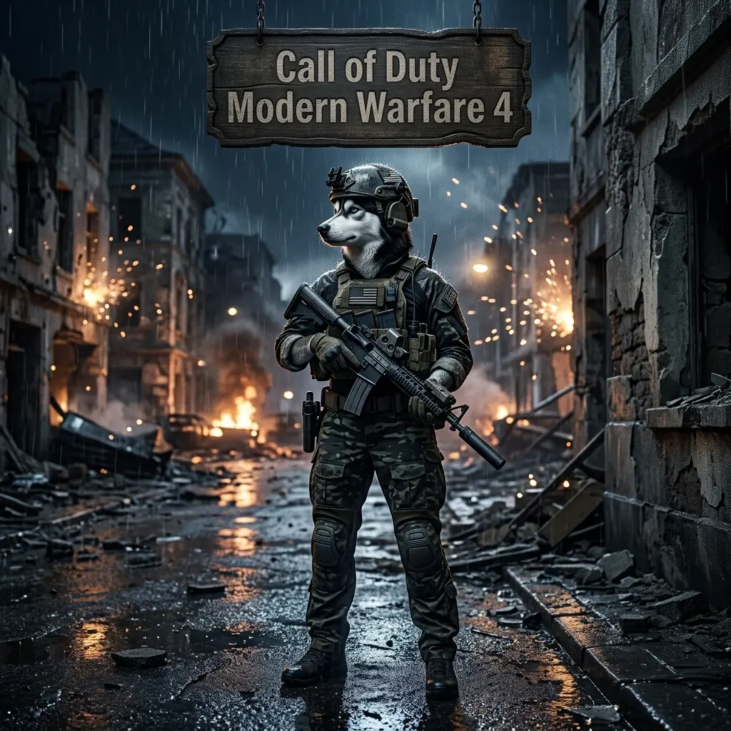 Square promotional artwork with an upright female Husky in tactical game-themed clothing beneath a boosting services sign.