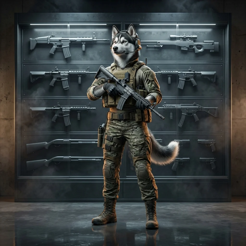 Ilustrasi bertema Daftar Tingkat Senjata dalam War Dogs tanpa teks atau tanda yang dapat dibaca.