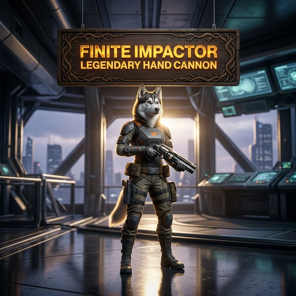 Promotional image for the Finite Impactor Legendary Hand Cannon Boost in Destiny 2, representing the service for this legendary hand cannon.