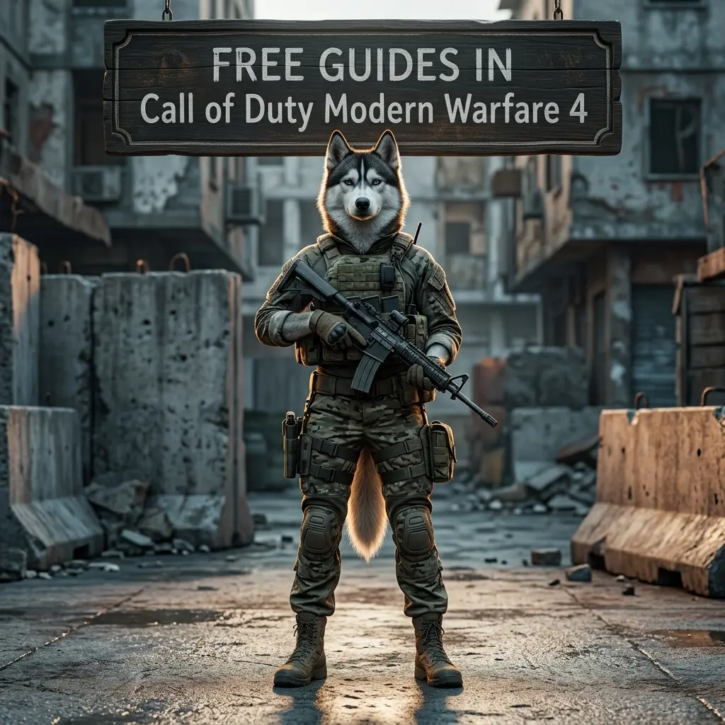 Square promotional artwork featuring an upright female Husky in game-inspired clothing with a free guides sign.