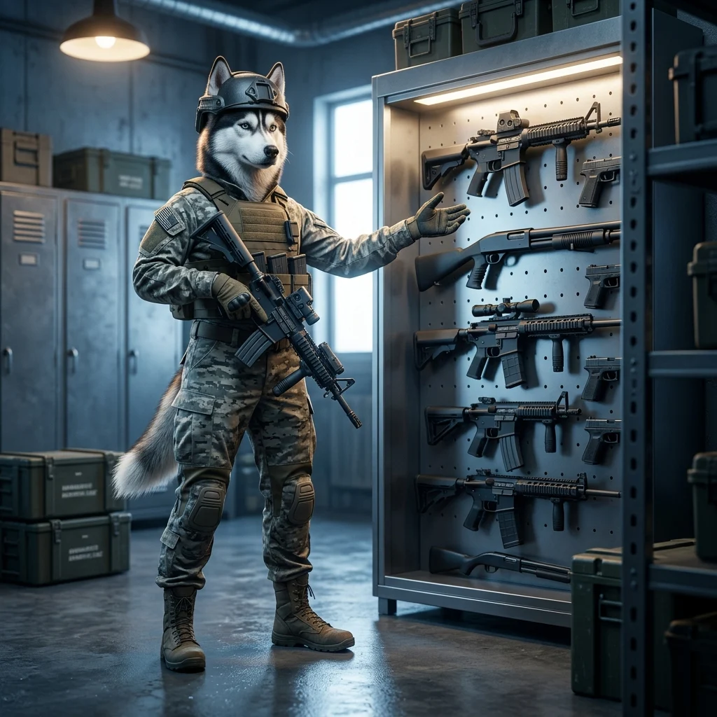 Žaidimo „War Dogs“ tematikos iliustracija, skirta ginklų lygių sąrašo turiniui; paveikslėlyje nėra įskaitomo teksto.