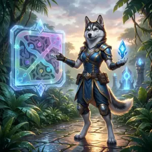 Illustrerad spelbild för kostnadsfria guider till ett MOBA-spel, med en fantasifull spelmiljö och stämningsfull actionkänsla.