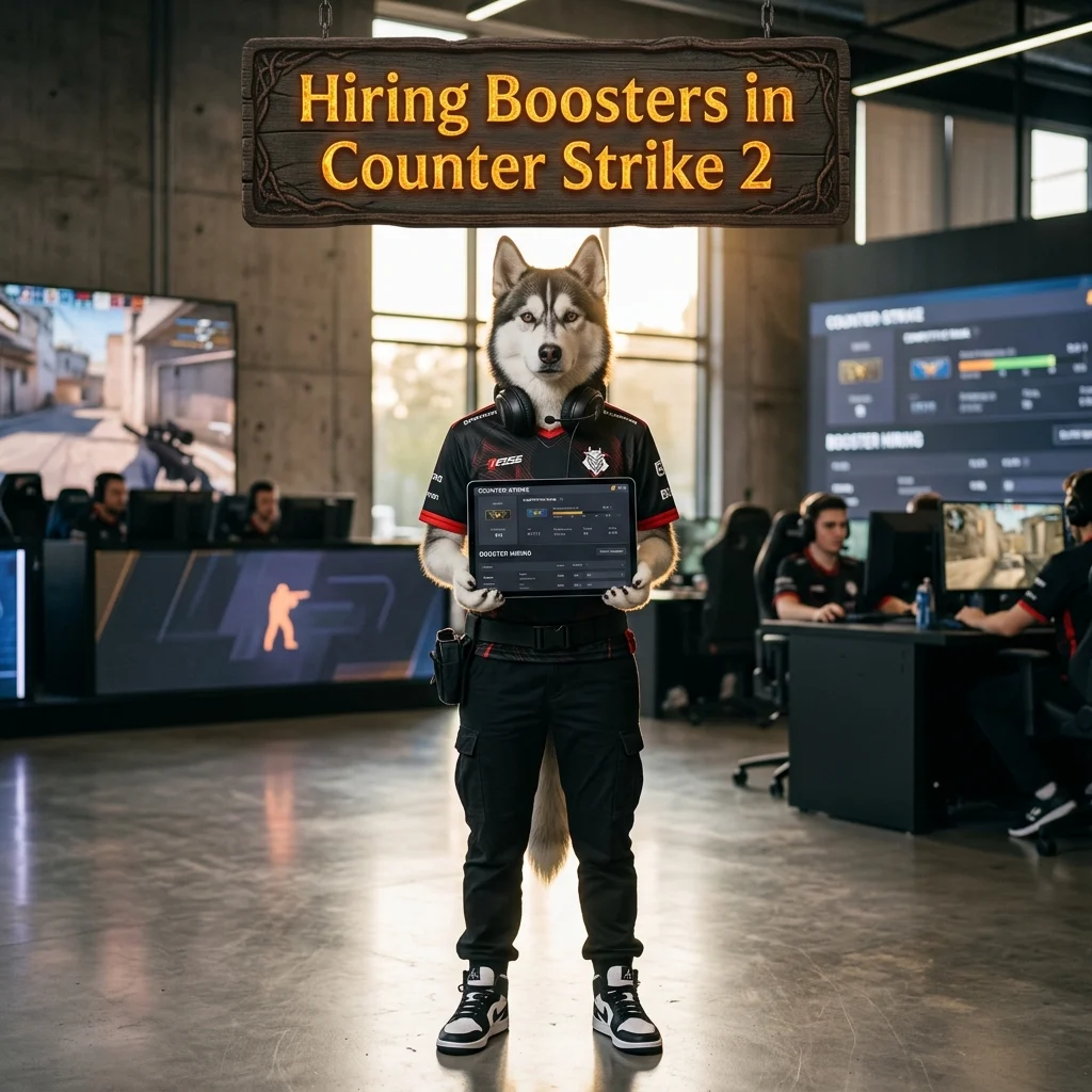 Promotional image representing Hiring Boosters in Counter Strike 2 and its booster hiring service for Counter Strike 2 players.