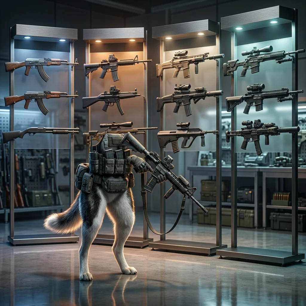 Spēles War Dogs tematikai veltīta ilustrācija ar ieročiem, kas saistīti ar ieroču līmeņu sarakstu.