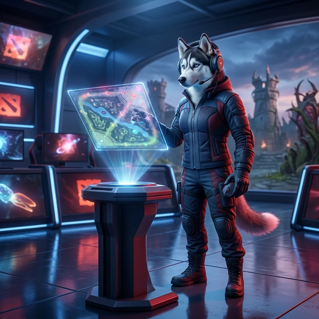 Ilustrasi bertema Dota 2 yang merepresentasikan layanan peningkatan MMR, permainan ranked, dan coaching.