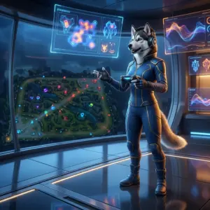 League of Legends için rehberlik ve çeşitli hizmetleri temsil eden, metin içermeyen oyun temalı görsel