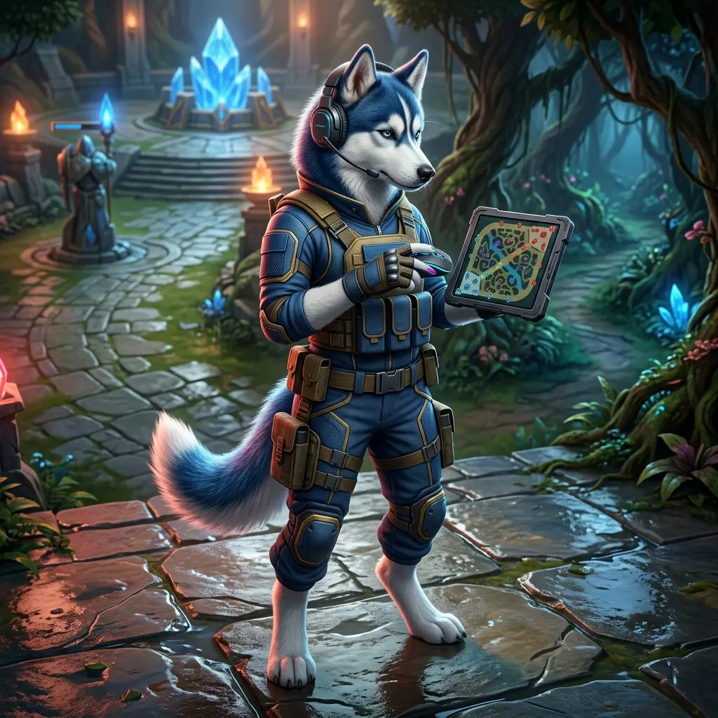 Skaitmeninio žaidimo tematikos iliustracija, susijusi su League of Legends gidais ir įvairiomis žaidėjams skirtomis paslaugomis.