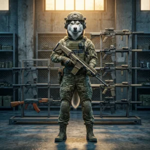 Ilustrație de prezentare pentru lista nivelurilor armelor din War Dogs, cu elemente vizuale asociate echipamentului din joc și fără text lizibil.