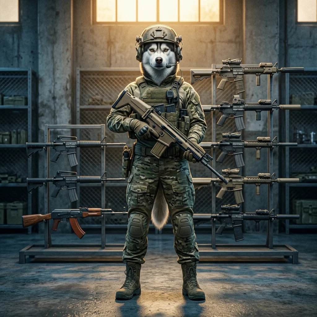 Ilustrație de prezentare pentru lista nivelurilor armelor din War Dogs, cu elemente vizuale asociate echipamentului din joc și fără text lizibil.