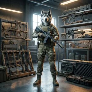 Stylizowana ilustracja związana z listą poziomów broni w grze War Dogs, bez widocznych napisów i znaków.