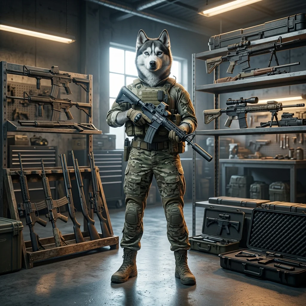Stylizowana ilustracja związana z listą poziomów broni w grze War Dogs, bez widocznych napisów i znaków.