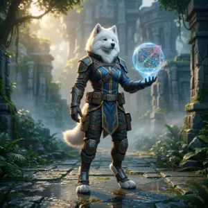 ゲームの世界観を思わせるビジュアルで表現した、LoL無料ガイドの紹介用イラスト。画像内に判読できる文字や看板はありません。
