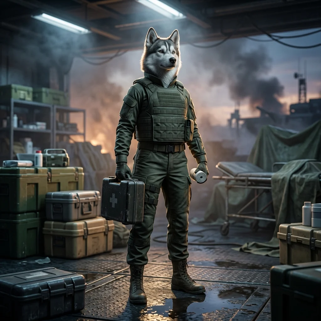 Arte promocional de Lucros de Médico em Wardogs, apresentada sem texto legível ou sinal visível.