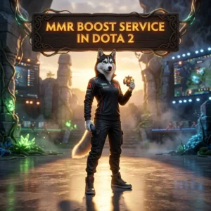 Promotional image for the MMR Boost Service in DOTA 2, representing a service focused on increasing a player's matchmaking rating.
