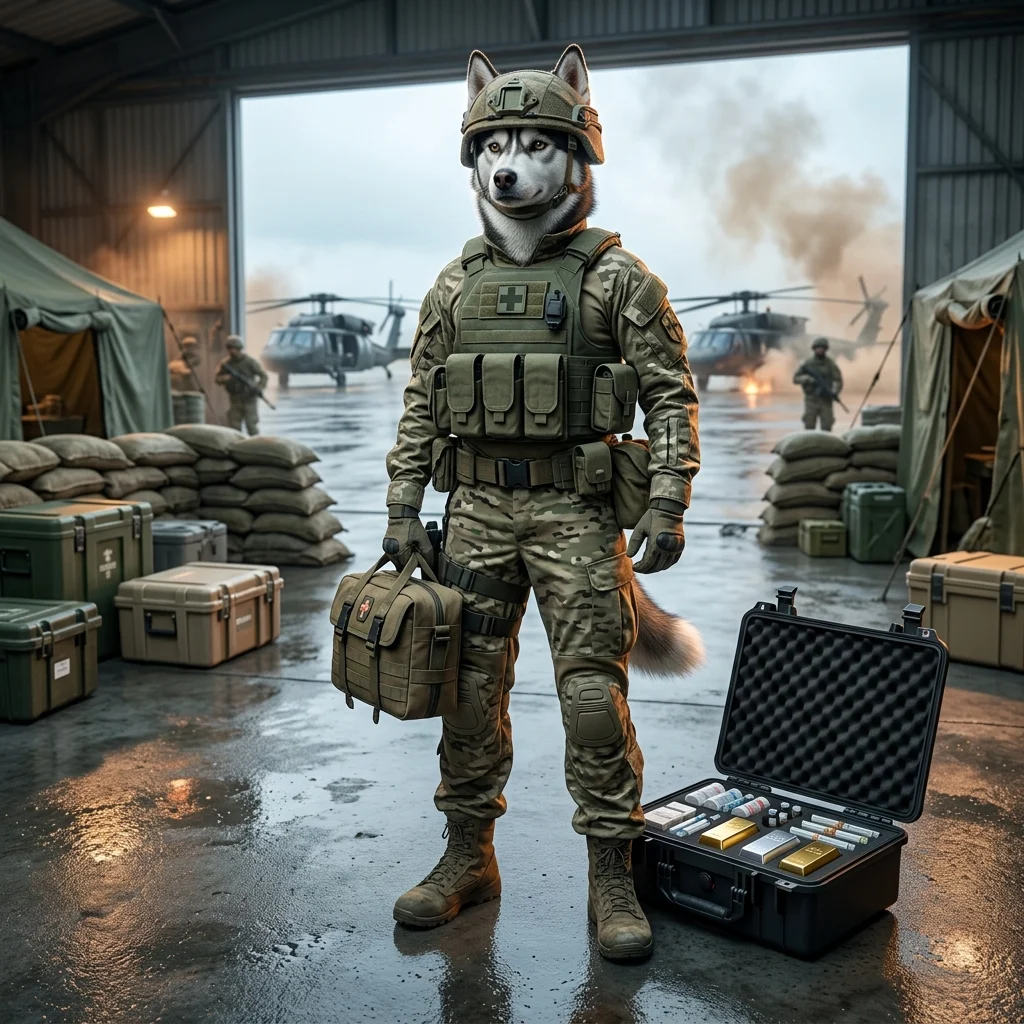 Illustrasie van Medic se winste in Wardogs, met ’n militêre speltema en geen leesbare teks nie.
