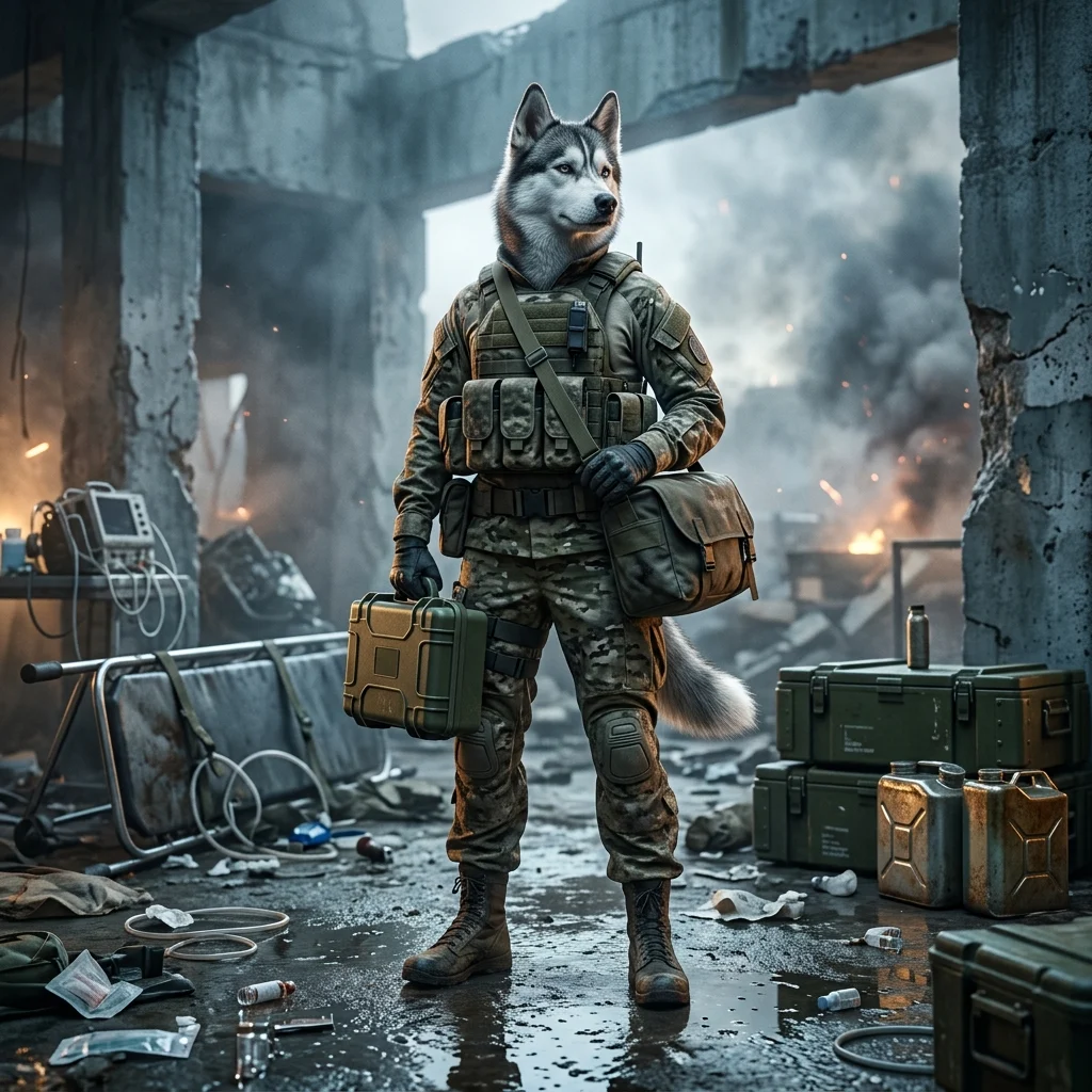Spēles „Wardogs” ilustrācija, kas atspoguļo medicīnas un peļņas tematiku.