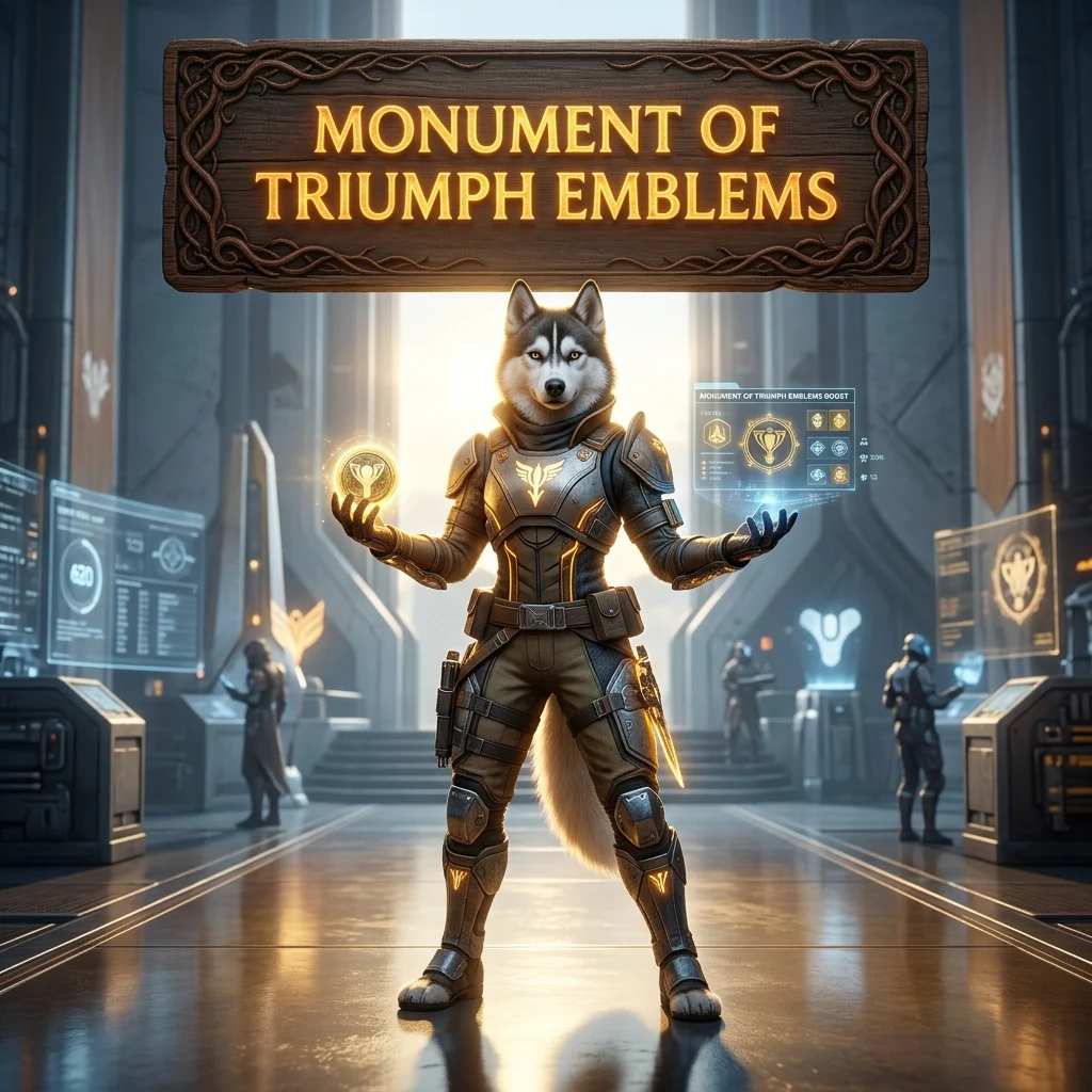 Promotional image for the Monument of Triumph Emblems Boost service in Destiny 2, focused on Monument of Triumph emblems.