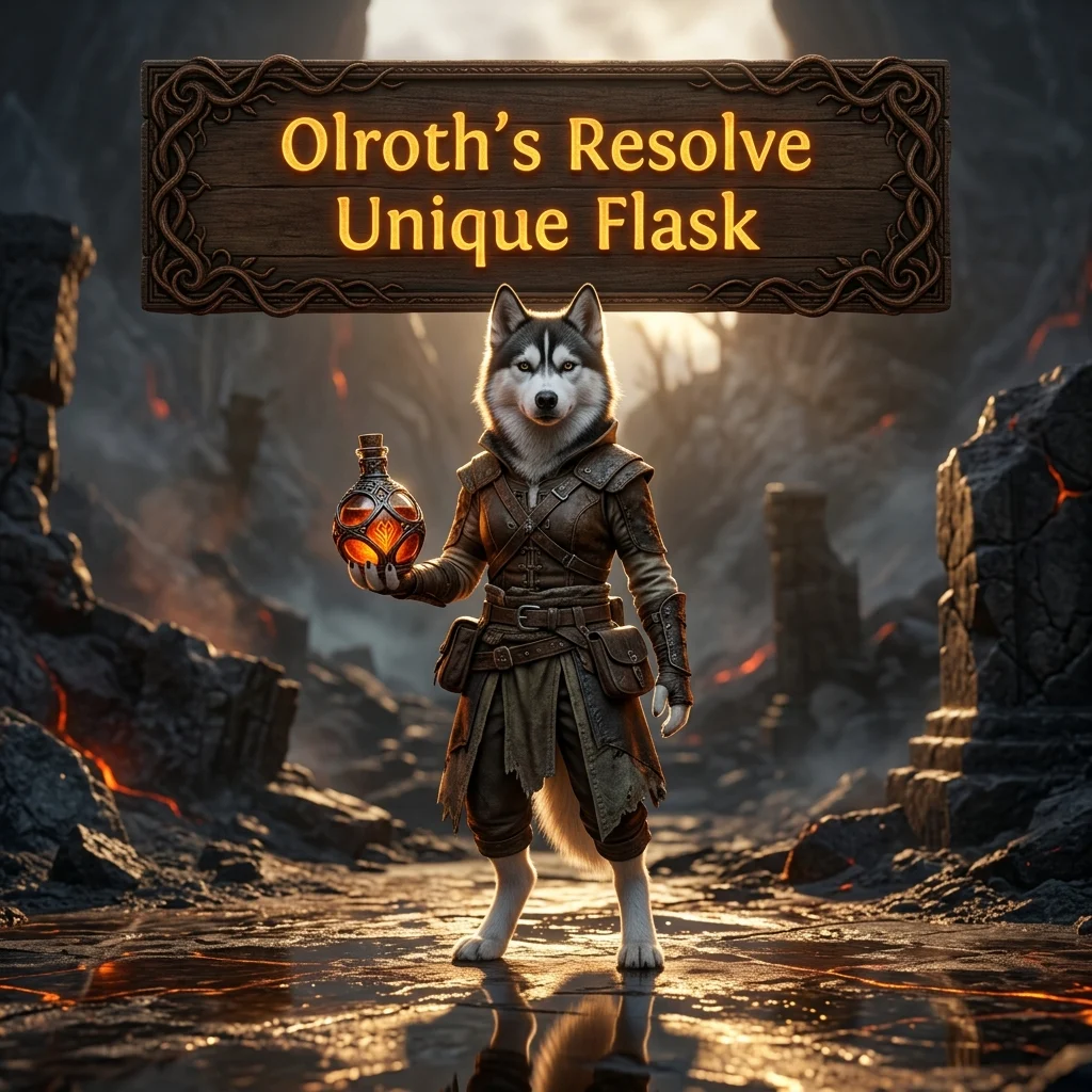 Promotional image representing the Olroth’s Resolve Unique Flask Boost service for Path of Exile 2 players.