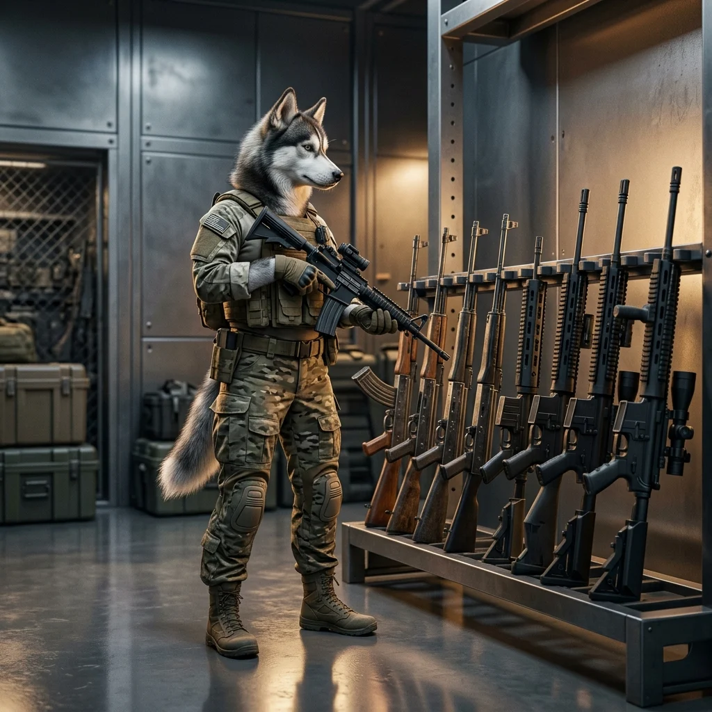 Mchoro wa mada ya Orodha ya Ngazi za Silaha katika War Dogs, unaowakilisha silaha za mchezo bila maandishi yanayosomeka.